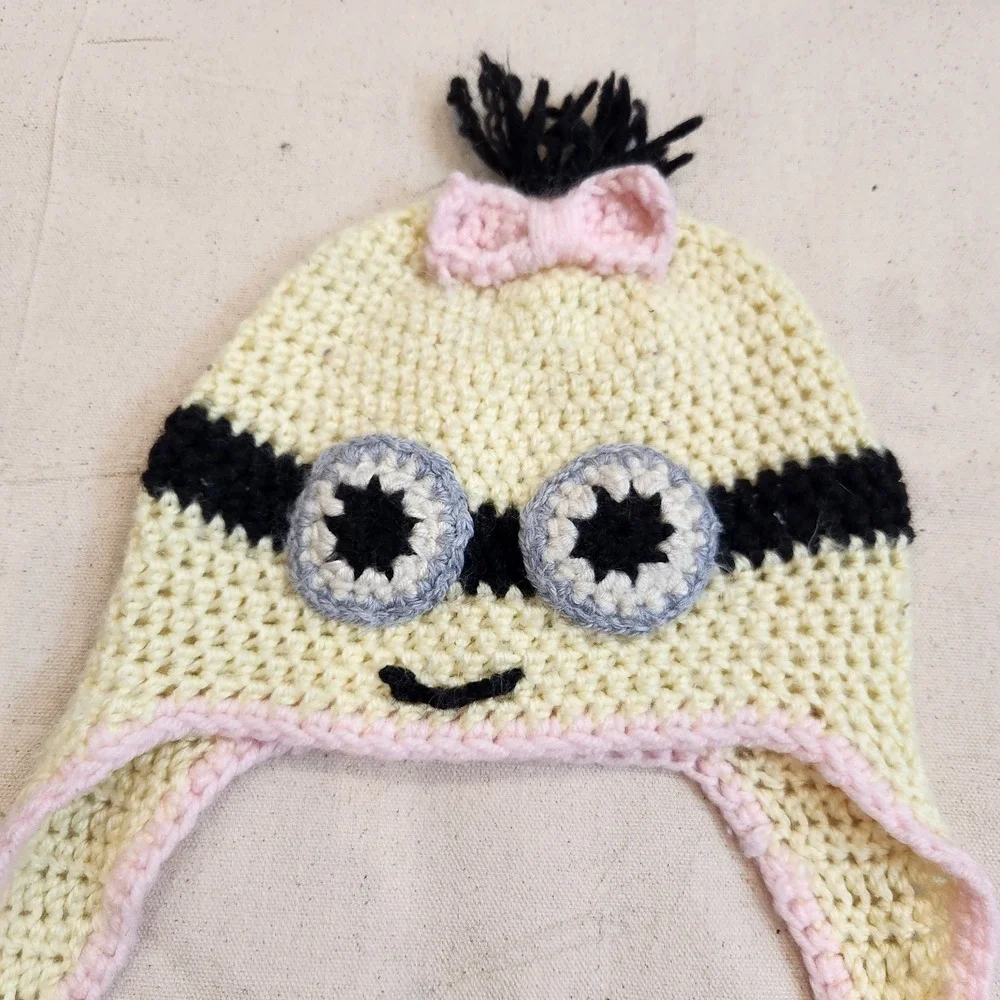 Handcrafted Minion Earflap Beanie Hat Braids Pink Bow Girls Kids Youth Handmade